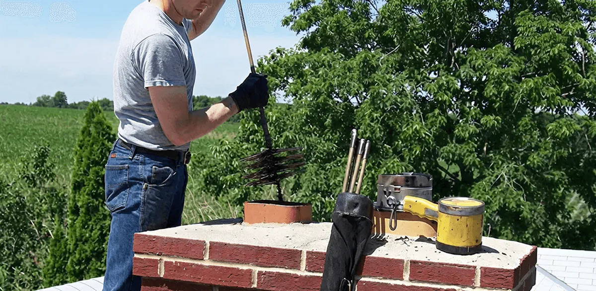 Chimney cleaning technician working on a rooftop chimney with professional tools in Nashville, TN