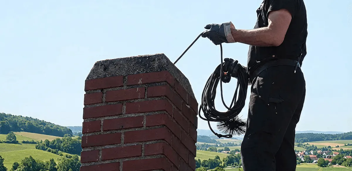 Chimney sweep inspecting and cleaning a rooftop chimney in Nashville, TN