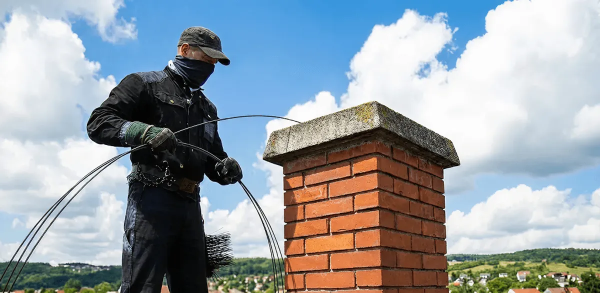 Chimney sweep cleaning a brick chimney with professional tools in Nashville, TN