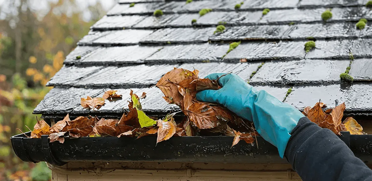 Gutter cleaning technician clearing wet leaves from roof gutters in Nashville, TN