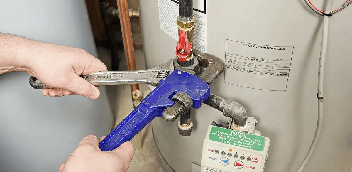 Water heater repair technician tightening the shutoff valve and supply line in Nashville, TN